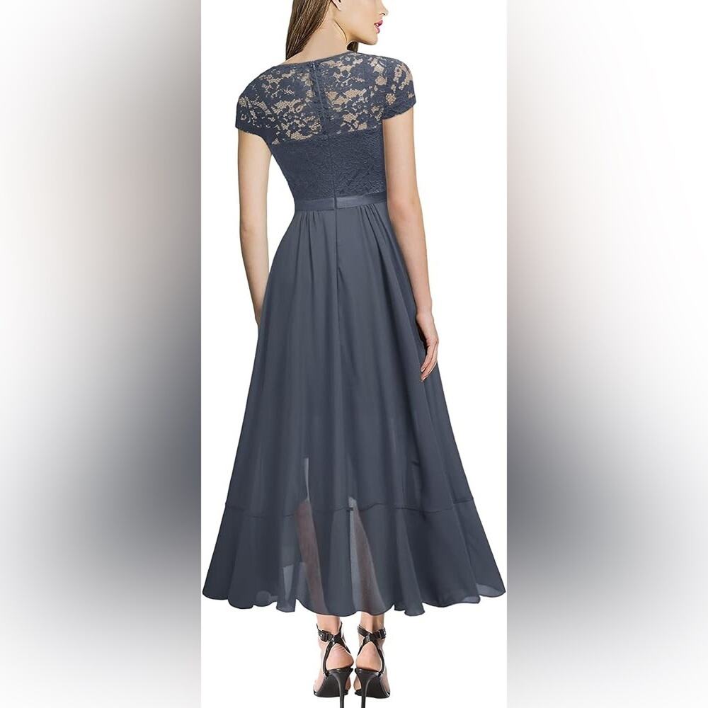 Womens Size 4-6 Dress NEW Asymmetircal Feminine Gray Formal Party Guest Midi - Picture 2 of 15